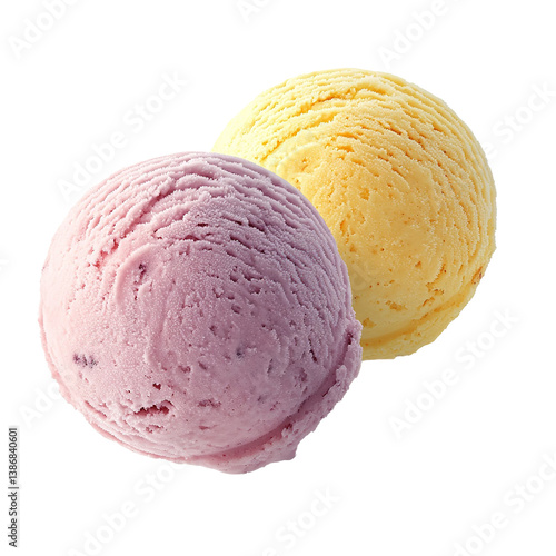 Two scoops of blueberry and mango ice cream floating in air, isolated on white background.