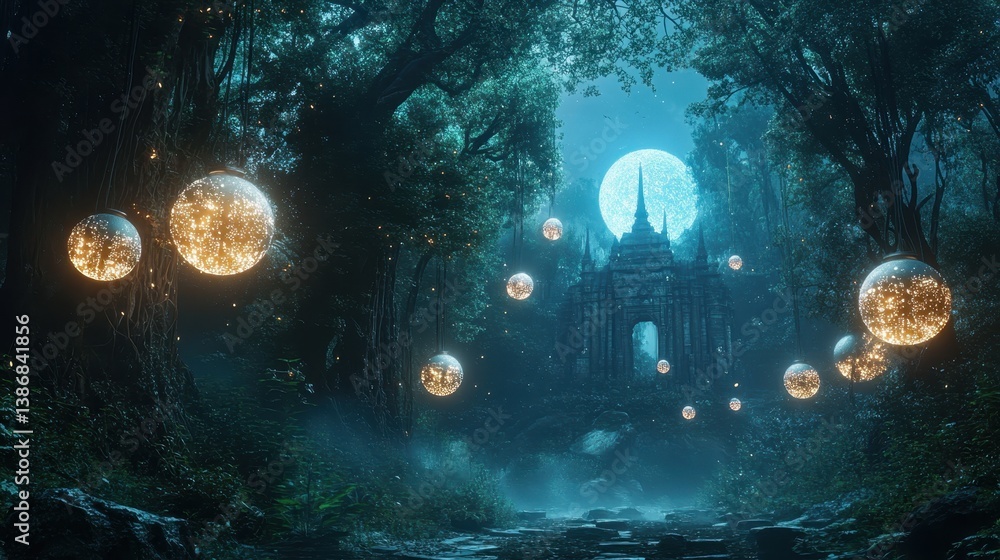 Naklejka premium Mysterious forest path illuminated by glowing orbs leading to an ancient temple at dusk