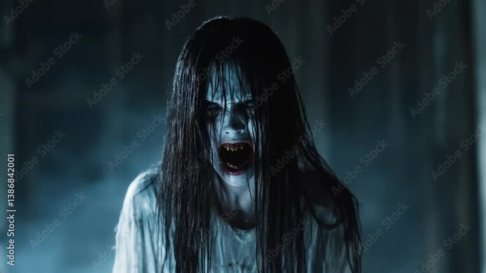 Scary girl with long dark hair and sharp teeth screams in horror setting