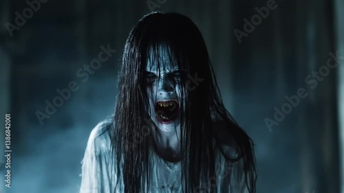Scary girl with long dark hair and sharp teeth screams in horror setting
