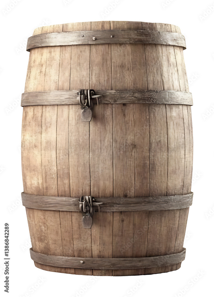 Obraz premium Aged wooden barrel stands elegantly against bright white background. AI Generated