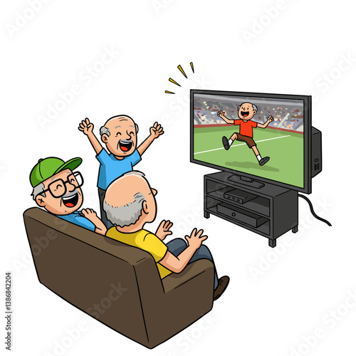 Three elderly men celebrate watching soccer on TV  