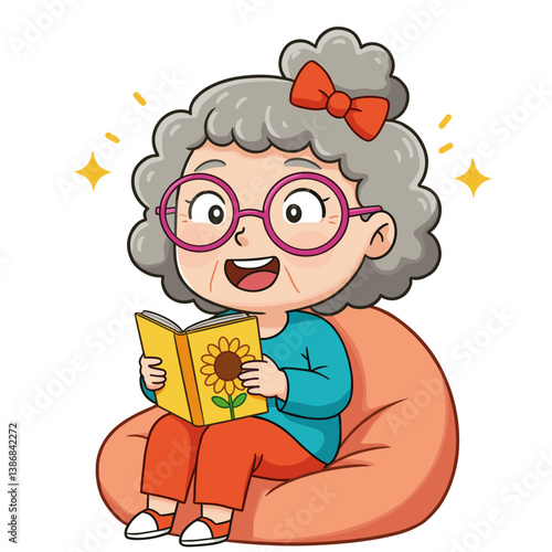 Happy elderly woman reading a book on a bean bag chair  
