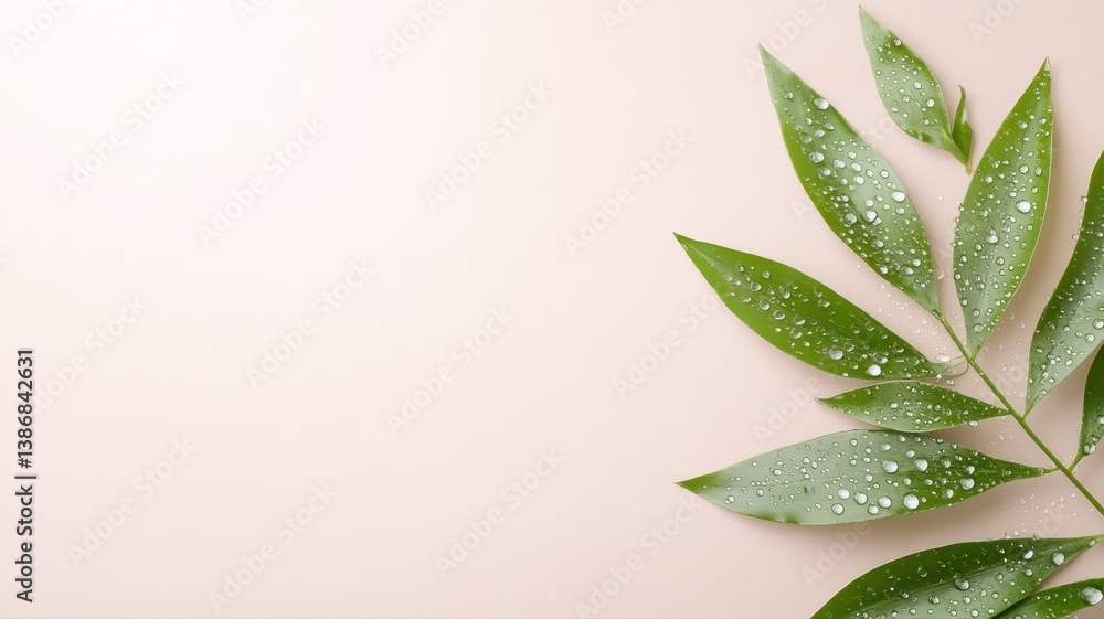 Fototapeta premium Green leaves with water droplets on a pastel background evoke freshness and nature's beauty.