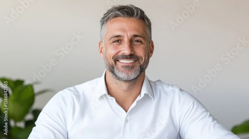 A smiling middle-aged man with graying hair is shown in a close-up portrait. He wears a crisp white shirt. The background is blurred, suggesting an indoor setting. The image is high-quality, well-li