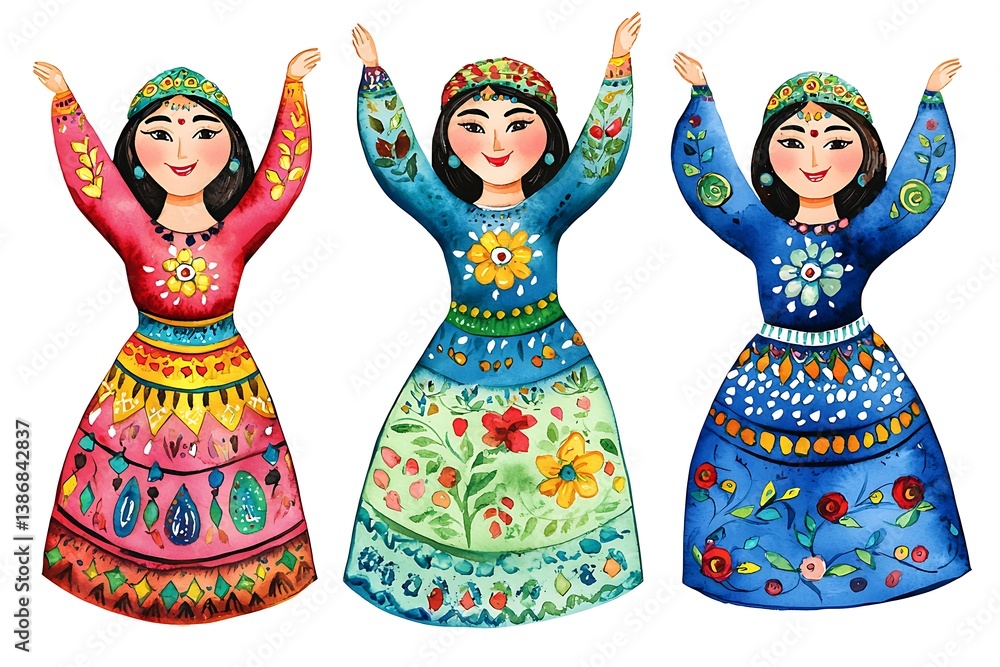 Colorful Illustrations of Traditional Female Dancers in Bright Dresses Colorful Illustrations of Traditional Female Dancers in Bright Dresses