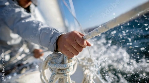 Close-up of a sailor's calloused hands gripping thick ropes with intensity as they adjust sails, surrounded by ocean spray and sunlight on a competitive racing day