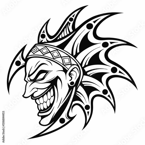 A fierce and menacing Joker face in a tribal tattoo style