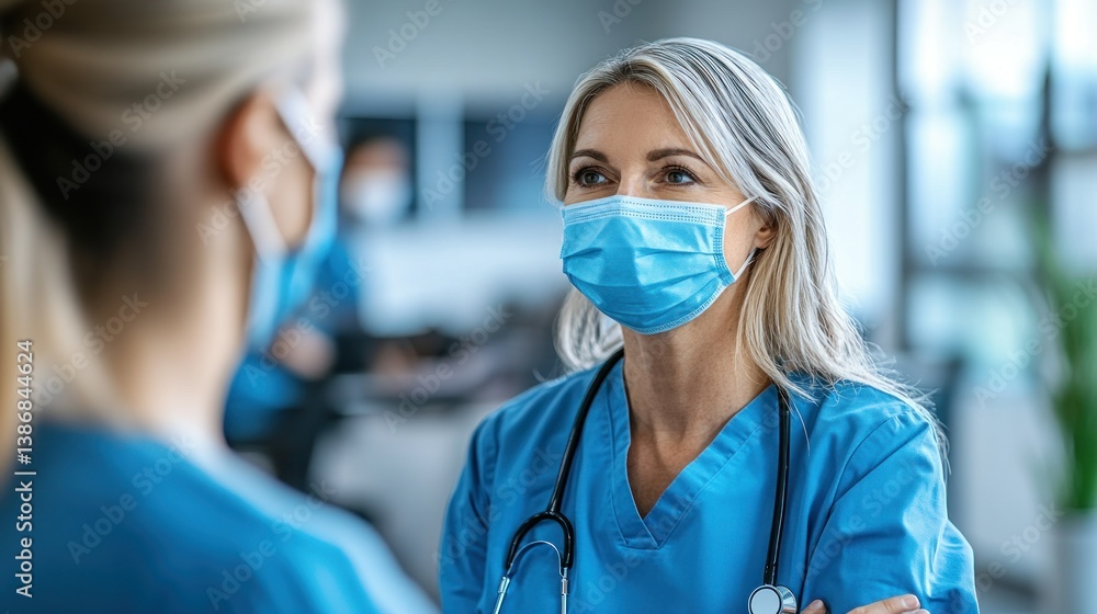 Two medical professionals in conversation, wearing masks and scrubs Two medical professionals in conversation, wearing masks and scrubs