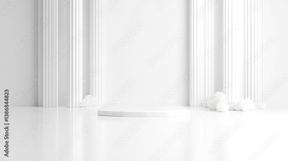 A minimalist hexagon-shaped platform sits centrally. White pillars flank it, creating a symmetrical scene. Soft, white, round objects are subtly placed near the pillars. The image is clean, high-res A minimalist hexagon-shaped platform sits centrally. White pillars flank it, creating a symmetrical scene. Soft, white, round objects are subtly placed near the pillars. The image is clean, high-res