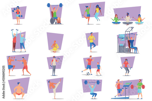 Vibrant collection of diverse fitness activities such as weight lifting, yoga, group workouts, and cardio exercises. Movement and engagement in healthy living concept