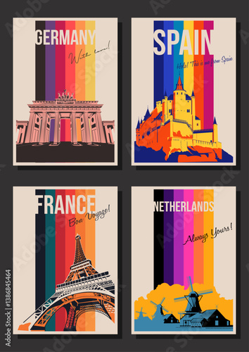 Spain, France, Netherlands, Germany Postcard Set, Alcazar of Segovia Castle, Brandenburg Gates, Hollander Windmills, Eiffel Tower Posters. 1980s Style Color Lines Vector Templates for Posters