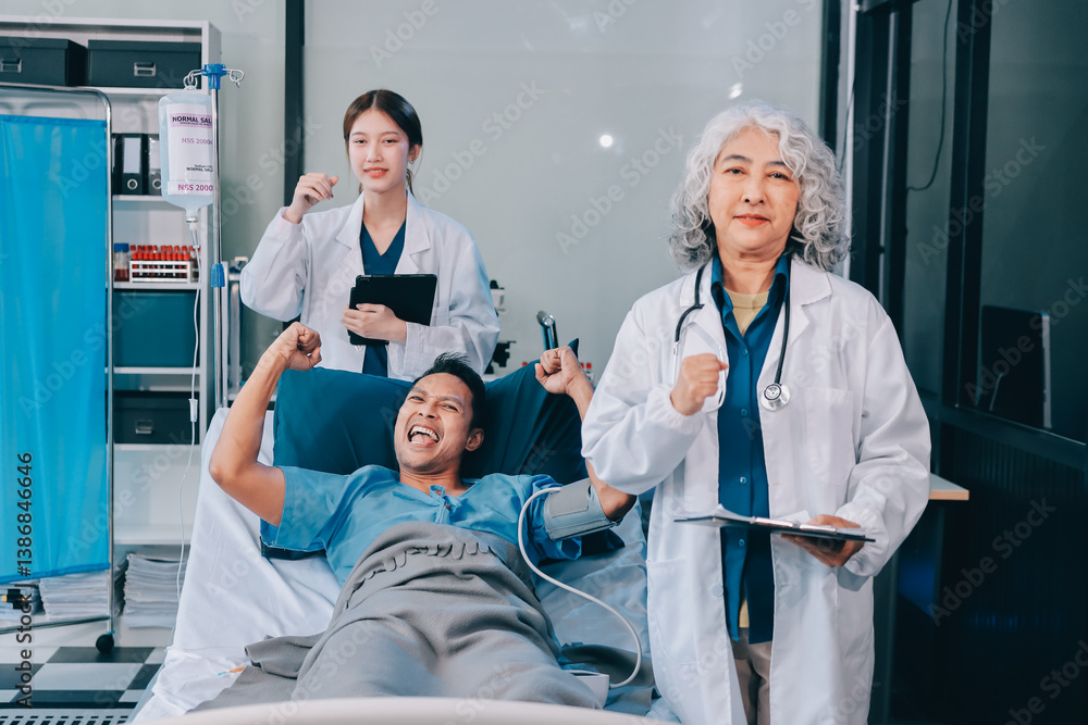 Fototapeta premium Nurse giving assistance to senior patient with disease in bed. Medical assistant and doctor doing healthcare checkup for pensioner with oxygen tube and IV drip bag in hospital ward.
