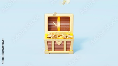 3d rendering cartoon coin fall in chest animation