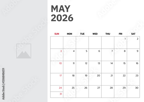May 2026 Calendar. Week start on Sunday. Desk calendar 2026 design, simple and clean design, Wall calendar for print, digital calendar, Corporate design planner template vector.