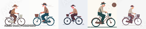 a set of vectors of grandfathers riding bicycles