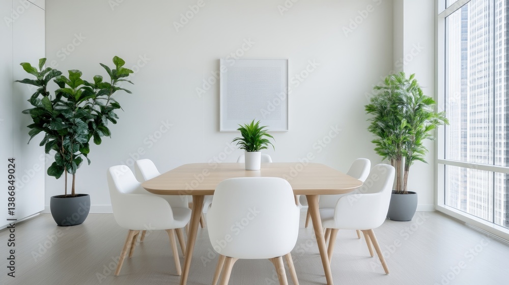 Modern, bright, minimalist dining area with plants and large window Modern, bright, minimalist dining area with plants and large window