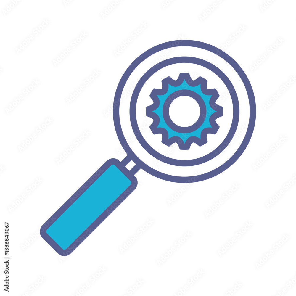 Magnifying glass icon looking at a gear vector image with a white background Magnifying glass icon looking at a gear vector image with a white background