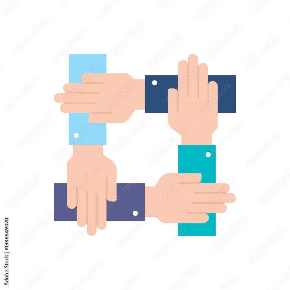 Flat Vector Illustration of Four Hands Joined Together in a Square to Represent Teamwork, Unity, and Collaborative Partnership in Business Flat Vector Illustration of Four Hands Joined Together in a Square to Represent Teamwork, Unity, and Collaborative Partnership in Business