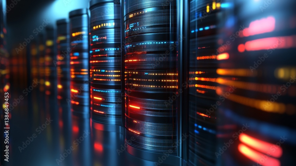 Rows of gleaming server racks, lights blinking in the cool, illuminated space Rows of gleaming server racks, lights blinking in the cool, illuminated space
