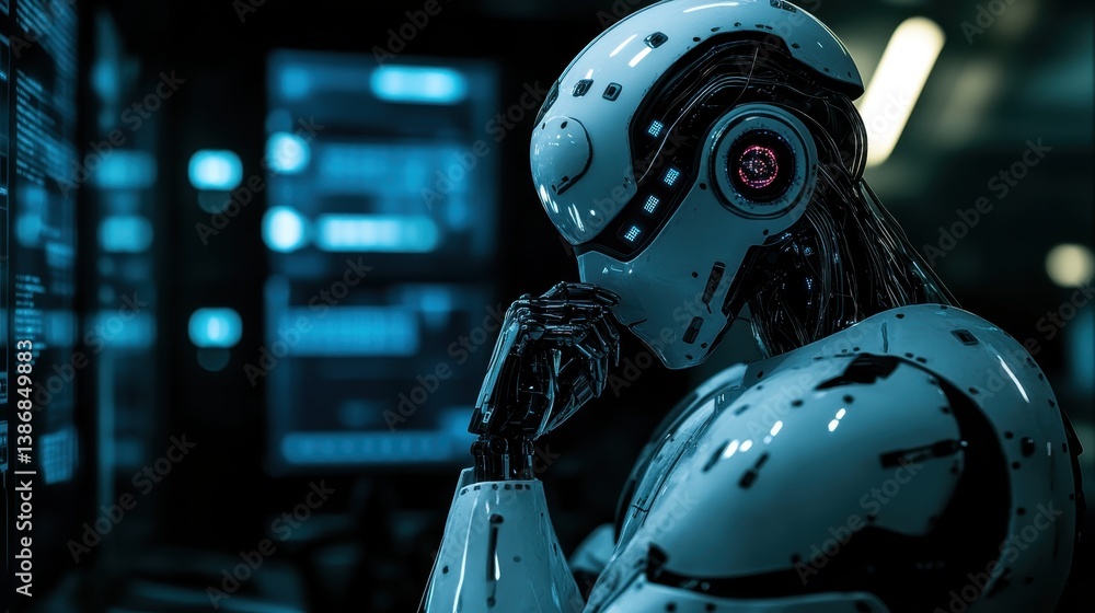 Fototapeta premium Futuristic humanoid robot reflecting in a high-tech environment during a late night coding session