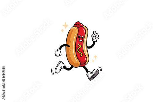 Cartoon Hot Dog Character Running with Happy Face, Isolated on White Background, Perfect for Fast Food or Restaurant Illustrations with a Playful Touch.