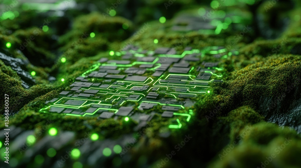Moss with neon circuits glowing a seamless blend of nature and technology background wallpaper AI generated image Moss with neon circuits glowing a seamless blend of nature and technology background wallpaper AI generated image