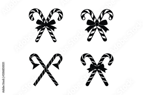Candy Cane Icons with Bow - Christmas Vector Silhouette Set

