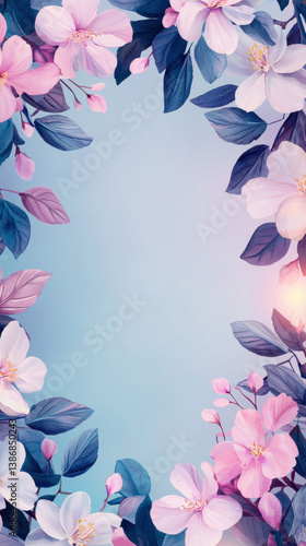 Pastel flowers leaves frame soft blue background, creating serene elegant springtime scene