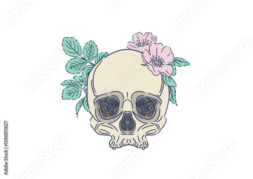 Wild roses bloom on a forgotten skull
