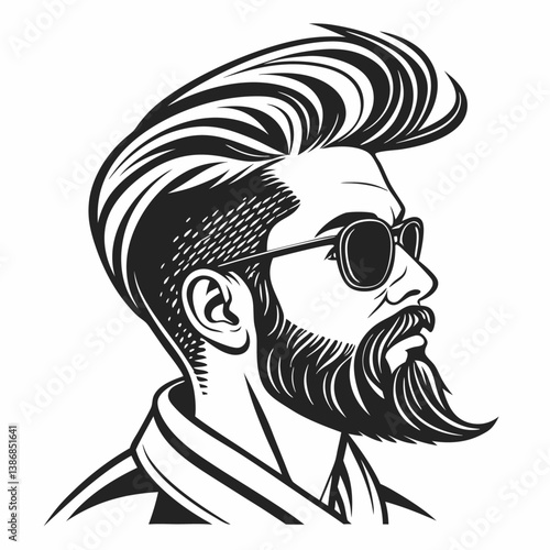 Black and white vector illustration of a man's face, stylized with a thick, flowing mustache and beard 