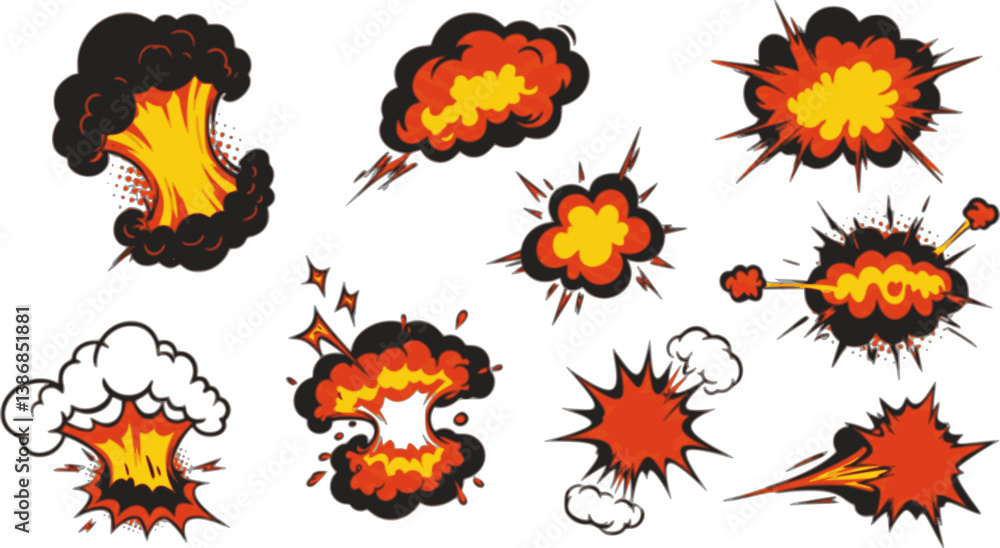 Doodle explosion effect. Comic impact and speed line energy blast and power pop game asset, manga fire smoke and crash pop action. Vector hand drawn bang and boom graphic set Doodle explosion effect. Comic impact and speed line energy blast and power pop game asset, manga fire smoke and crash pop action. Vector hand drawn bang and boom graphic set