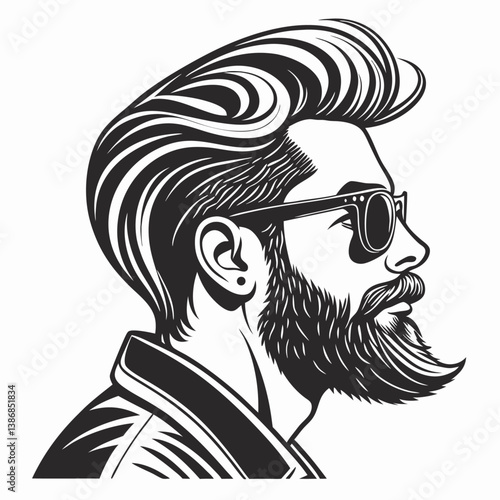 Black and white vector illustration of a man's face, stylized with a thick, flowing mustache and beard 