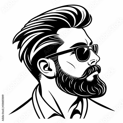 Black and white vector illustration of a man's face, stylized with a thick, flowing mustache and beard 