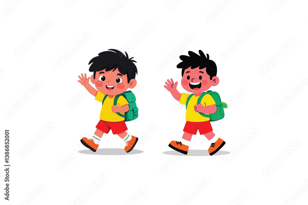 Two Cartoon Boys with Backpacks Waving, Walking Forward, Isolated on White Background, Perfect for School or Children's Illustrations. Two Cartoon Boys with Backpacks Waving, Walking Forward, Isolated on White Background, Perfect for School or Children's Illustrations.