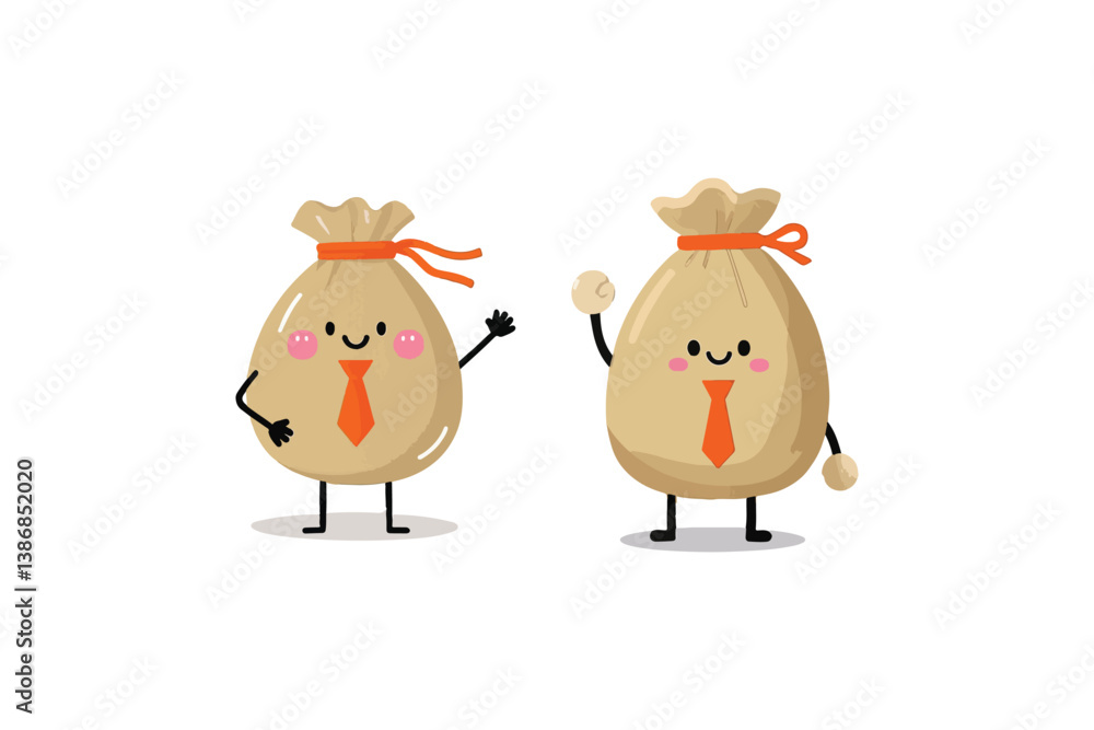 Fototapeta premium Two Cute Money Bag Characters with Ties, Waving and Smiling, Isolated on White Background, Perfect for Finance or Business Illustrations.