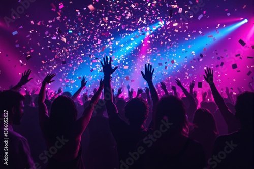 Wallpaper Mural People dancing with raised hands in a colorful club scene, creative style, with confetti and neon lighting on a festive background. Concept of celebration. Ai generative Torontodigital.ca