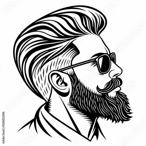 Black and white vector illustration of a man's face, stylized with a thick, flowing mustache and beard