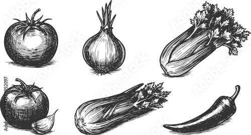 Black stamp vegetables. Retro woodcut engraved farm food icons, organic healthy products, tomato onion garlic celery pepper. Vector vegetable sketch collection