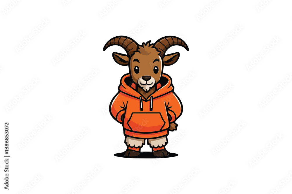 Fototapeta premium Charming Cartoon Goat Character in Orange Hoodie, Standing Confidently, Isolated on White Background, Ideal for Children's Book Illustration or Brand Mascot.