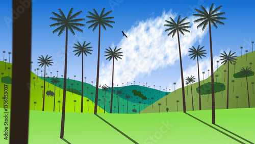 Illustration of an Andean condor flying over a valley of wax palms in the Cocora Valley. Condor Andino volando sobre un valle de palmas de cera en el Valle del Cocora