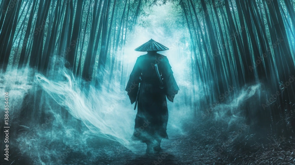 Obraz premium Mystic samurai walking through bamboo forest with ethereal mist at dusk