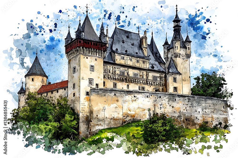Fototapeta premium Majestic Fairytale Castle Surrounded by Lush Green Landscape