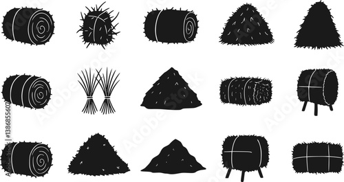 set of Black hay icon. Farm straw bales, dried grass piles and haystack silhouette symbols, rural agriculture hay harvest elements. Vector isolated set
