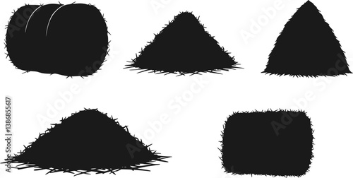 set of Black hay icon. Farm straw bales, dried grass piles and haystack silhouette symbols, rural agriculture hay harvest elements. Vector isolated set
