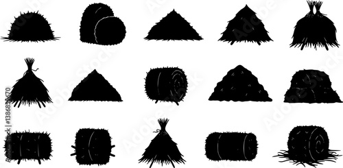 set of Black hay icon. Farm straw bales, dried grass piles and haystack silhouette symbols, rural agriculture hay harvest elements. Vector isolated set
