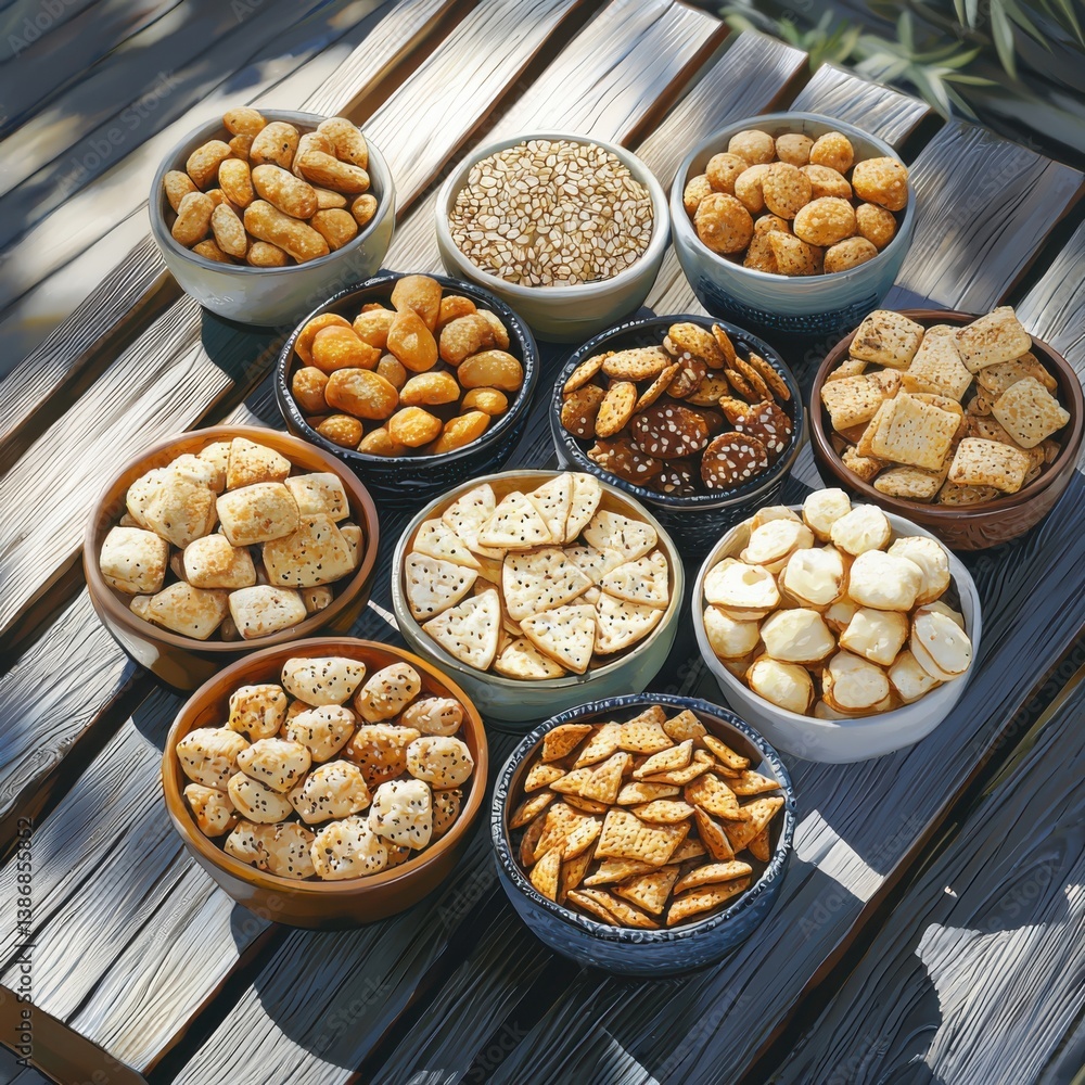 Whole grain snack options displayed on a picnic table in midday sunlight wide angle view showcasing variety Whole grain snack options displayed on a picnic table in midday sunlight wide angle view showcasing variety