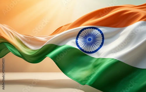 The vibrant colors of the Indian flag ripple in a bright, sunlit scene