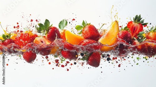 A colorful fruit splash with strawberries, bursting with red hues, set against a white background