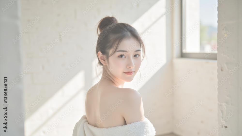 Beautiful Asian Woman with Bare Shoulders in Natural Light by Window: Serene Beauty and Wellness Concept Beautiful Asian Woman with Bare Shoulders in Natural Light by Window: Serene Beauty and Wellness Concept